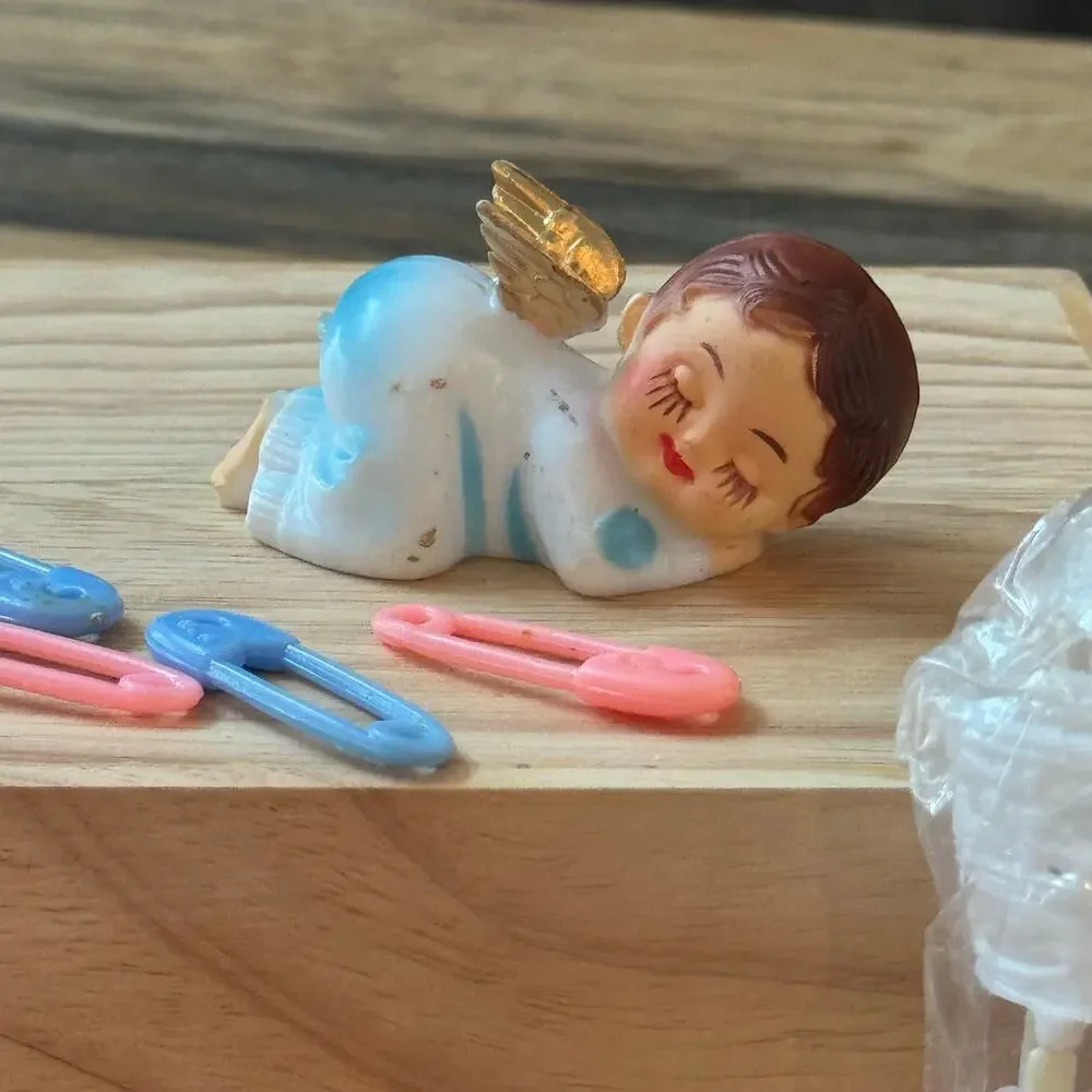 Vtg 1985 Wilton Baby Angel Cake Topper 60847 & Plastic Shower Favors Decor Lot